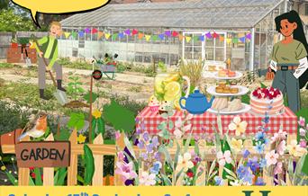 Image of the greenhouse and raised bed with animations of people, picnic table, flowers, and bunting. Surrounded by text with information about the ev