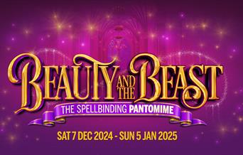 Artwork for "Beauty and the Beast: The Spellbinding Pantomime". The purple and gold logo is against a sparkling purple background where a castle hallw
