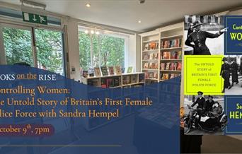 Picture of Controlling Women book cover, books on the rise in background with date of talk Oct 9th