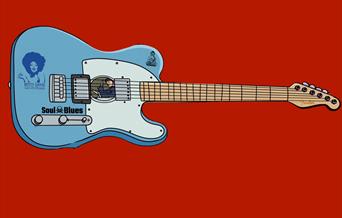 cartoon blue electric guitar on a red background