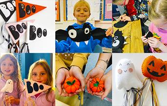 A colorful collage showcasing fun Halloween crafts for kids, featuring pumpkins, ghosts, and spooky decorations.