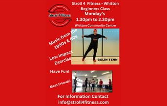 Poster showing dancers dancing a line dance style class to 1950s music