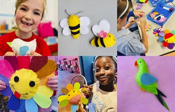 Children sewing cute flowers, birds and butterflies