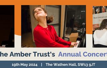 A photo of internationally acclaimed pianist Derek Paravicini, BAFTA nominee Lucy, and two of Amber's young musicians. 'The Amber Trust's Annual Conce