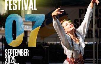 Poster for Ukraine Independence Day Festival, 7 September 2025, featuring Ukrainian dancer in traditional dress.