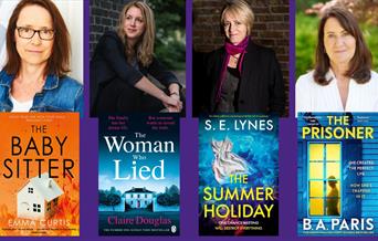 Images of four authors at the top (from left to right)- Emma Curtis, Claire Douglas, S. E. Lynes and B. A. Paris and their book covers underneath - Th