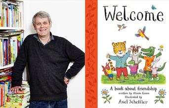 picture of axel scheffler next to cover of his new book WELCOME