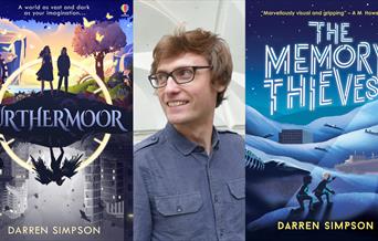 Book covers for 'Furthemoor' and 'The Memory Thieves' with author photo of Darren Simpson