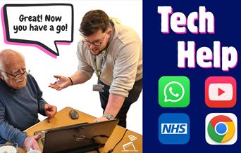 Picture in 2 halves. On left a standing digital trainer supports an older gentleman with glasses who is using a laptop. A speech bubble above them say