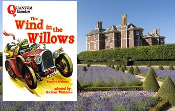 Ham House viewed from the Cherry Garden with poster showing The Wind in the Willows characters in a car