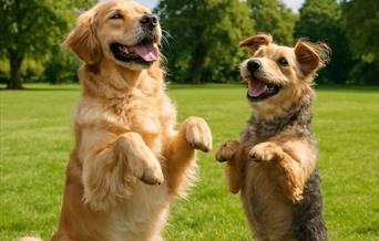 Two dogs on grass with paws up