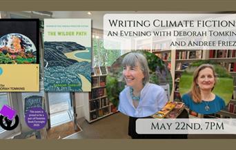 Picture of andree frieze and deborah tomkins alongside 'Aerth' and 'The Wilder Path' book covers