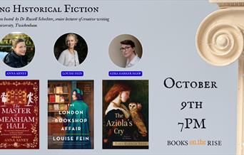 banner of the writing historical fiction panel with the three contributors Anna Abney, Louise Fein, Ezra Harker Shaw and host Dr Russell Schecter