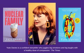 "A photo of author Kate Davies  between her two book covers: 'Nuclear Family' on the left, and 'In at the Deep End' on the right. Set against a purple