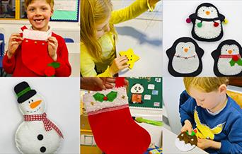 Children engaging in Christmas-themed crafts, featuring a boy holding a red felt stocking with decorative elements, a girl sewing a yellow star, and v