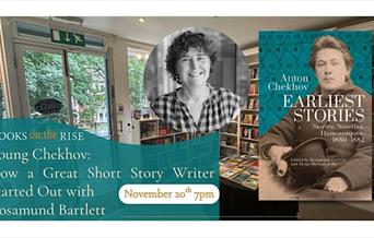 Image of rosamund bartlett next to her new book about Chekov's early career