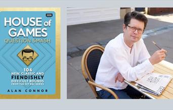 Two images. On the right, the front cover of the book 'House of Games: Question Smash.' The image on the right is of the author Alan Connor holding a