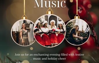 Poster for a Christmas music event on December 14 featuring singers and musicians, with event details and a QR code for tickets.