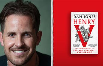 Headshot photo of Dan Jones. To the right of this is an image of his book: Henry V, the astonishing rise of England's greatest warrior king.