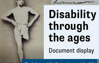 Photograph of Charles Moore, champion one legged swimmer, standing hands on hips. Next to the image is a white banner, reading 'disability through the