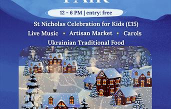 Poster for a Christmas Fair on 29 November 2025, 12–6 PM at St Mary's Church Hall, Twickenham. Free entry, with kids' St Nicholas celebration (£15), l