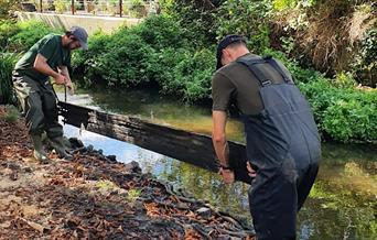 Barnes Common team members removing a toe board from the Beverley Brook