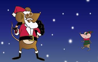 One adult cartoon mouse wearing a father Christmas outfit and carrying a sack. A smaller mouse is stood beside him dressed as an elf. They are set aga