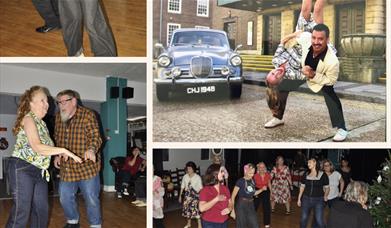 Picture collage showing Colin Tenn lifting his dance partner upsidedown, along with images of his dance students dancing and socialising together
