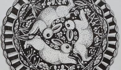 A circular sketch (Mandala) of some rabbits surrounded by intricate nature-related detailing