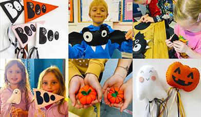 A colorful collage showcasing fun Halloween crafts for kids, featuring pumpkins, ghosts, and spooky decorations.