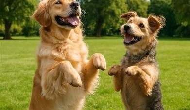 Two dogs on grass with paws up