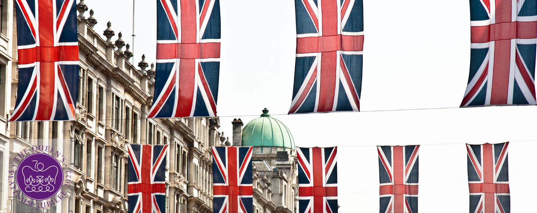 Platinum Jubilee Header of British Flags in Central London