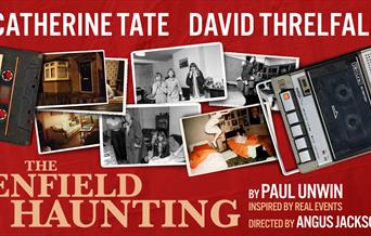 Poster for The Enfield Haunting. A mixture of film photographs in black and white or colour are scattered on a red background. On the left is a casset