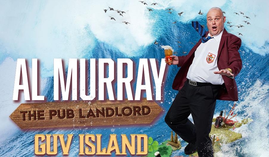 Poster for Al Murray the pub landlord: Guv Island. Al surfs on a breaking wave, using the British Isles as a surfboard.