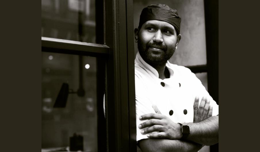 Black and White image of Chef Charith Mallawa