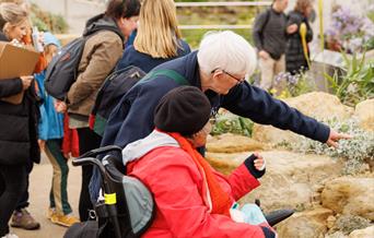 A volunteer guide showing a person in a wheelchair around a rock garden.