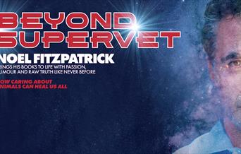 Poster for Noel Fitzpatrick; a background of the night sky with the show's title. To the right, half of Noel's face is visible as he looks to the came