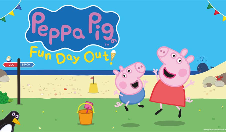 Poster for Peppa Pig's Fun Day Out. Peppa and George jump for joy on a beach. Animals are featured over the poster, and next to George is a bucket and