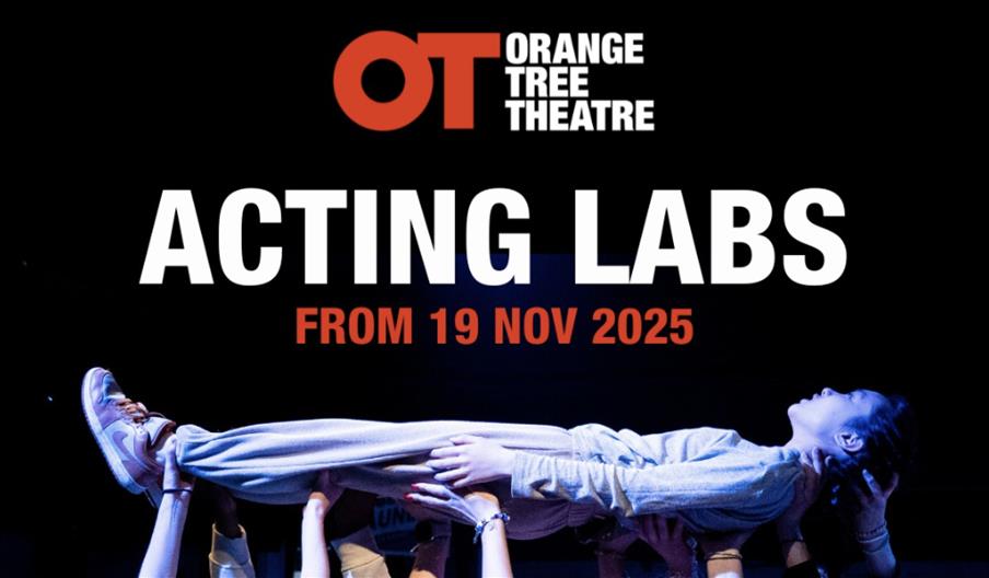 Text reads OT Theatre Acting Labs with an image of a group of teanagers lifting up another teanager on a black background Text reads OT Theatre Acting Labs with an image of a group of teanagers lifting up another teanager on a black background
