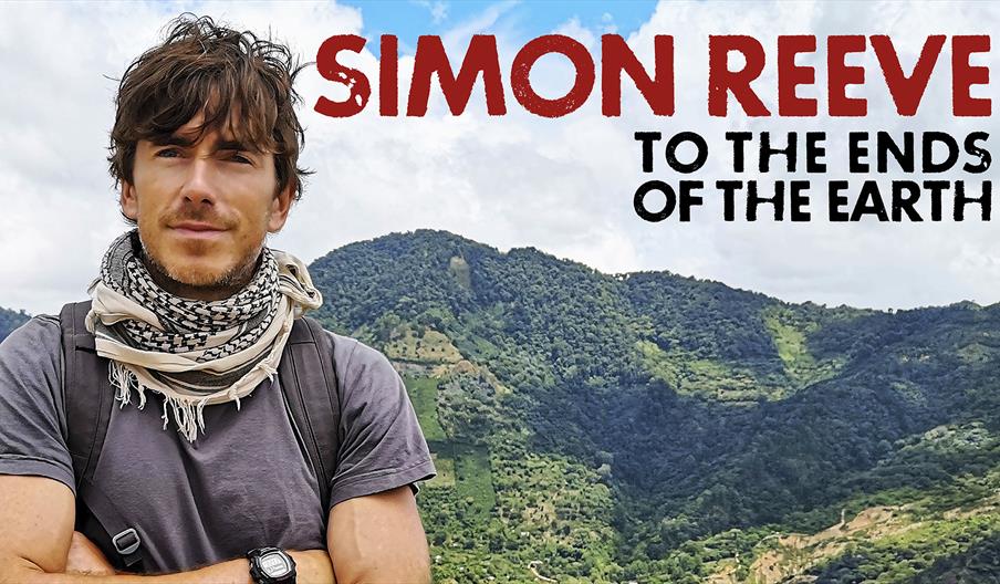 Artwork for 'Simon Reeve - To The Ends Of The Earth'. Simon is visible from chest up, dressed for hiking and with his arms crossed. He is against a ba