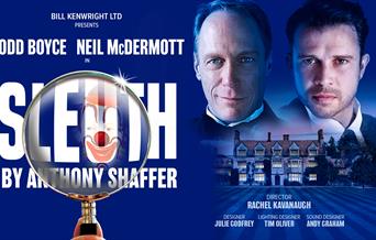 Sleuth artwork featuring a dark blue background with the faces of the two actors, a house, and a magnifying glass which highlights a clown face on the