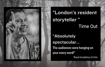 A photo of the artist on the left side, on the right side there are quotes : "London's resident storyteller ", Time out. "Absolutely spectacular...  T