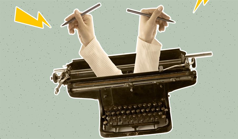 Typewriter with arms coming out of it. Both arms are holding pencils.