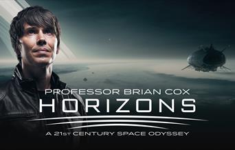 Poster for Professor Brian Cox; a landscape of a planet with white and grey rings orbiting in the sky. To the right is a futuristic spacecraft moving