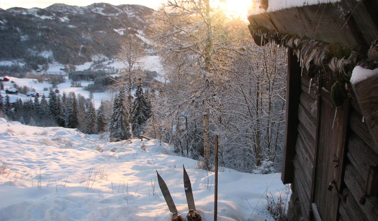 From the Winter, Sondre's cabin with original skis outside