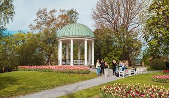 Paviljongen i Brekkeparken med blomstring av tulipaner