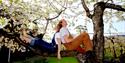 boy and girl sitting in a flowering apple tree