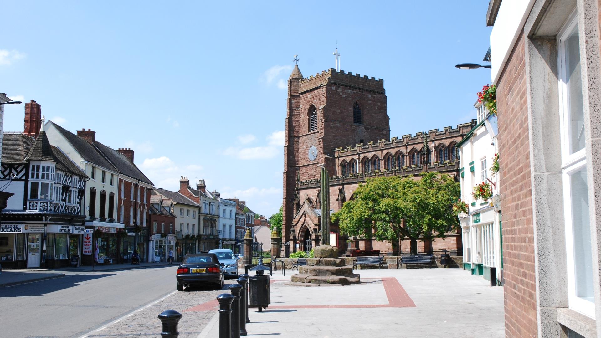 View of Newport town and exterior of a church