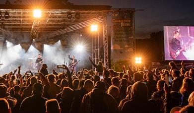 The music stage and enthusiastic audience at CamperJam