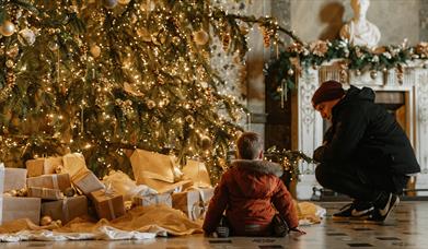 Two individuals kneeling in front of a Christmas tree.